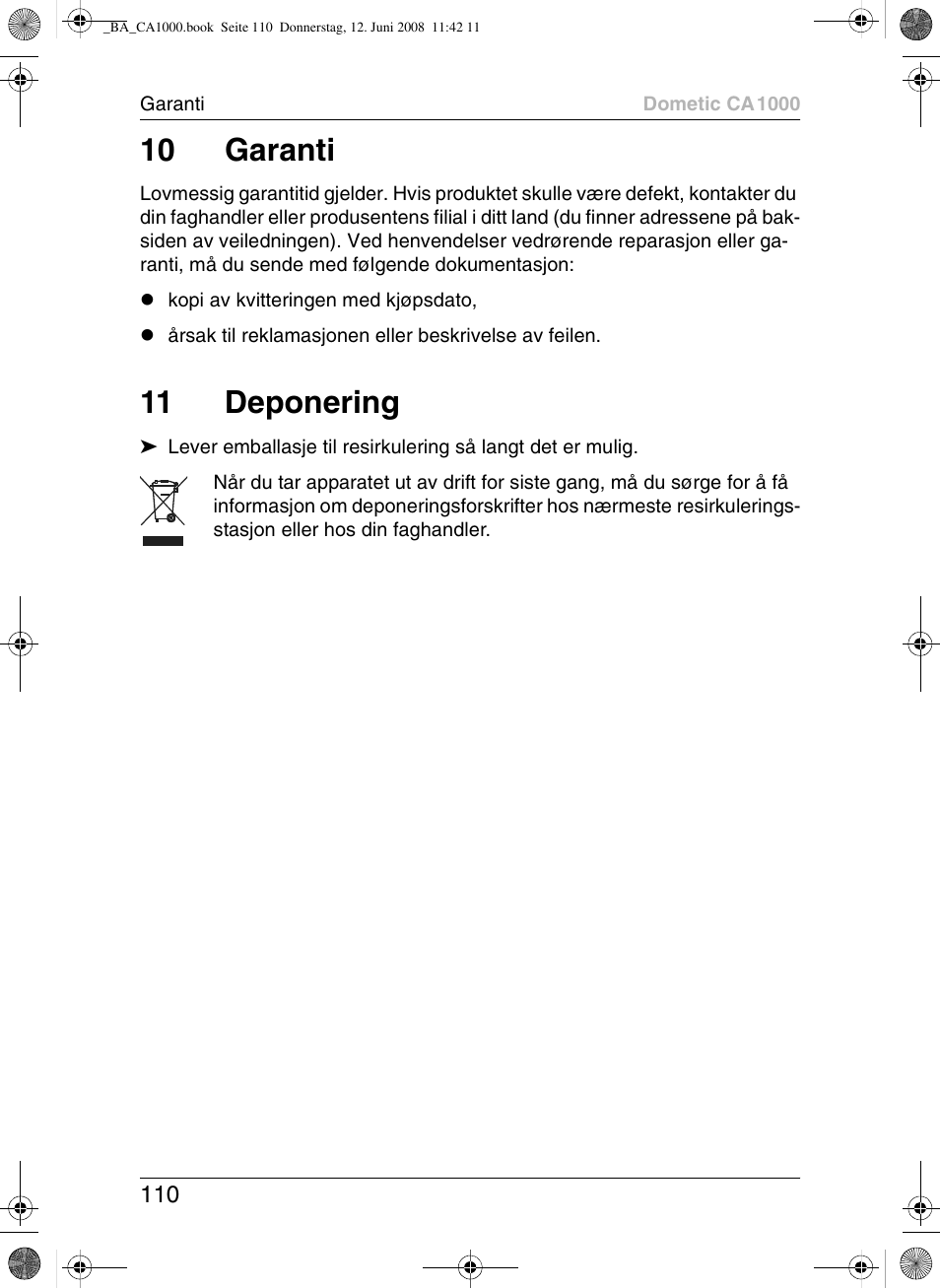 10 garanti, 11 deponering | Dometic CA1000 User Manual | Page 110 / 124