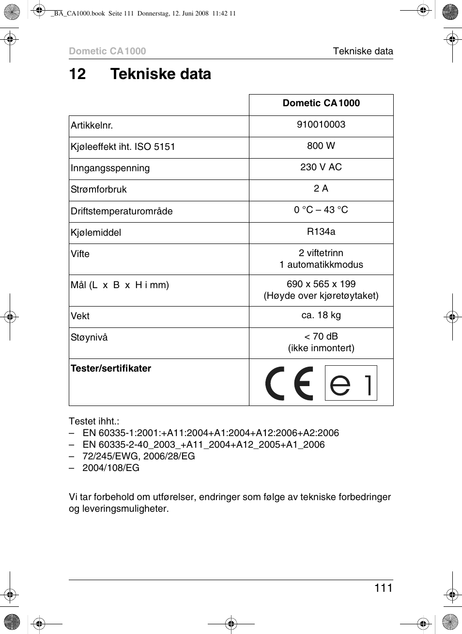 12 tekniske data | Dometic CA1000 User Manual | Page 111 / 124