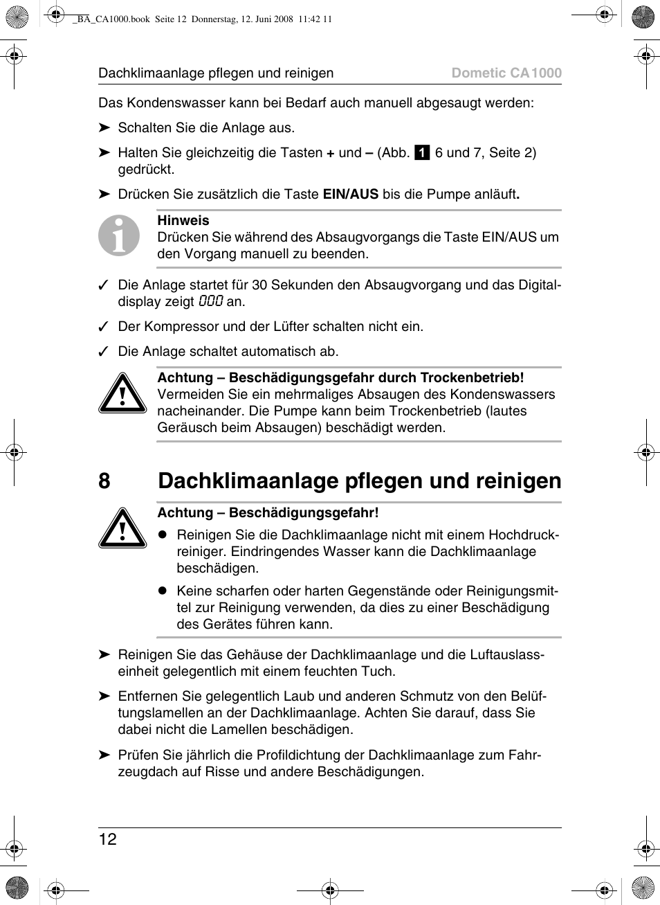 8dachklimaanlage pflegen und reinigen | Dometic CA1000 User Manual | Page 12 / 124