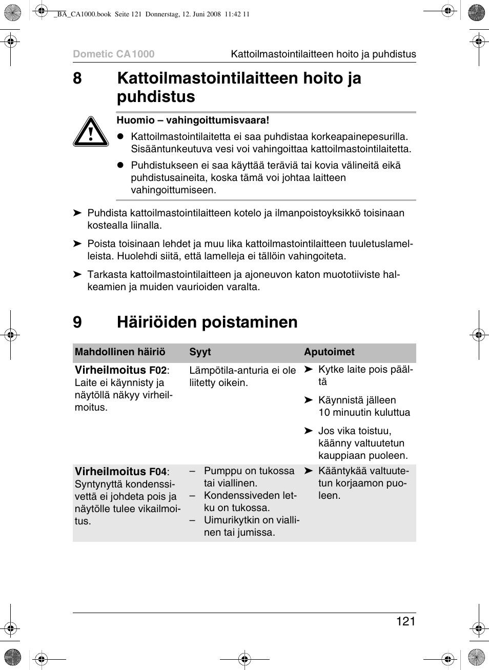 8kattoilmastointilaitteen hoito ja puhdistus, 9häiriöiden poistaminen | Dometic CA1000 User Manual | Page 121 / 124