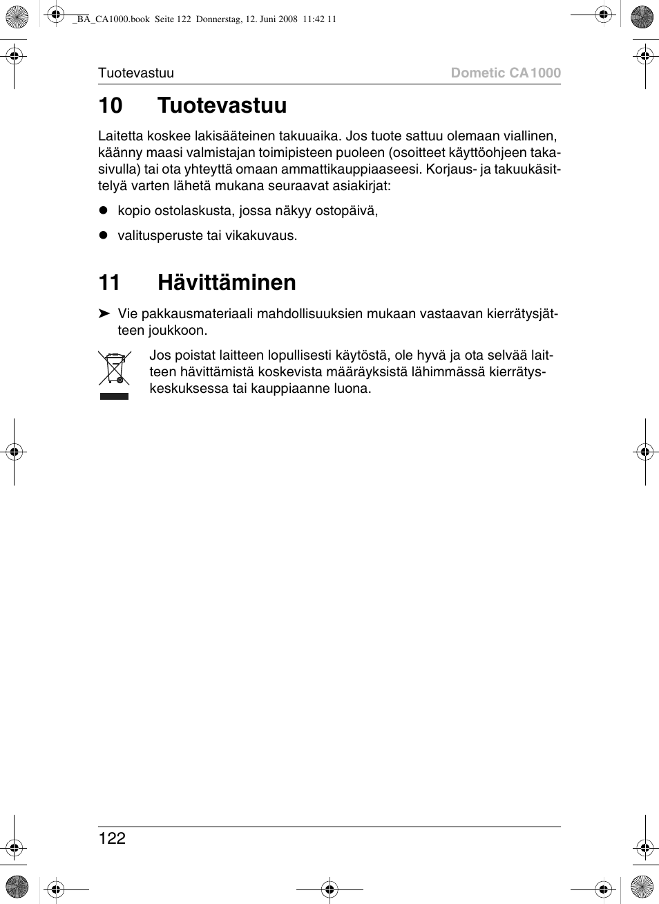 10 tuotevastuu, 11 hävittäminen | Dometic CA1000 User Manual | Page 122 / 124