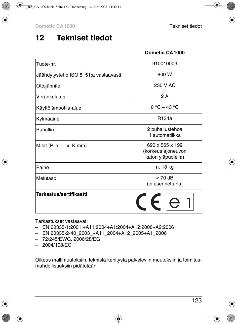 12 tekniset tiedot | Dometic CA1000 User Manual | Page 123 / 124