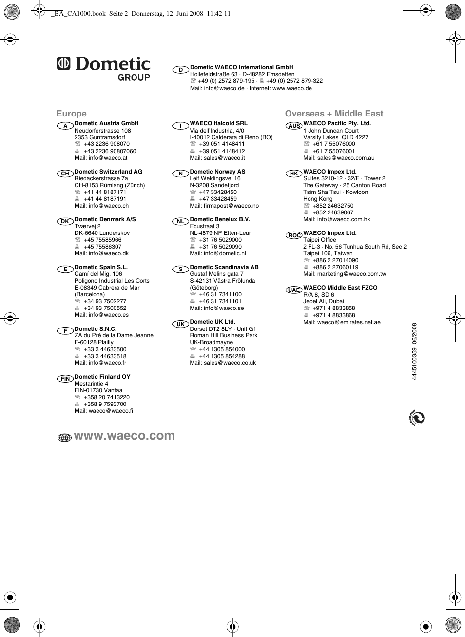 Europe, Overseas + middle east | Dometic CA1000 User Manual | Page 124 / 124