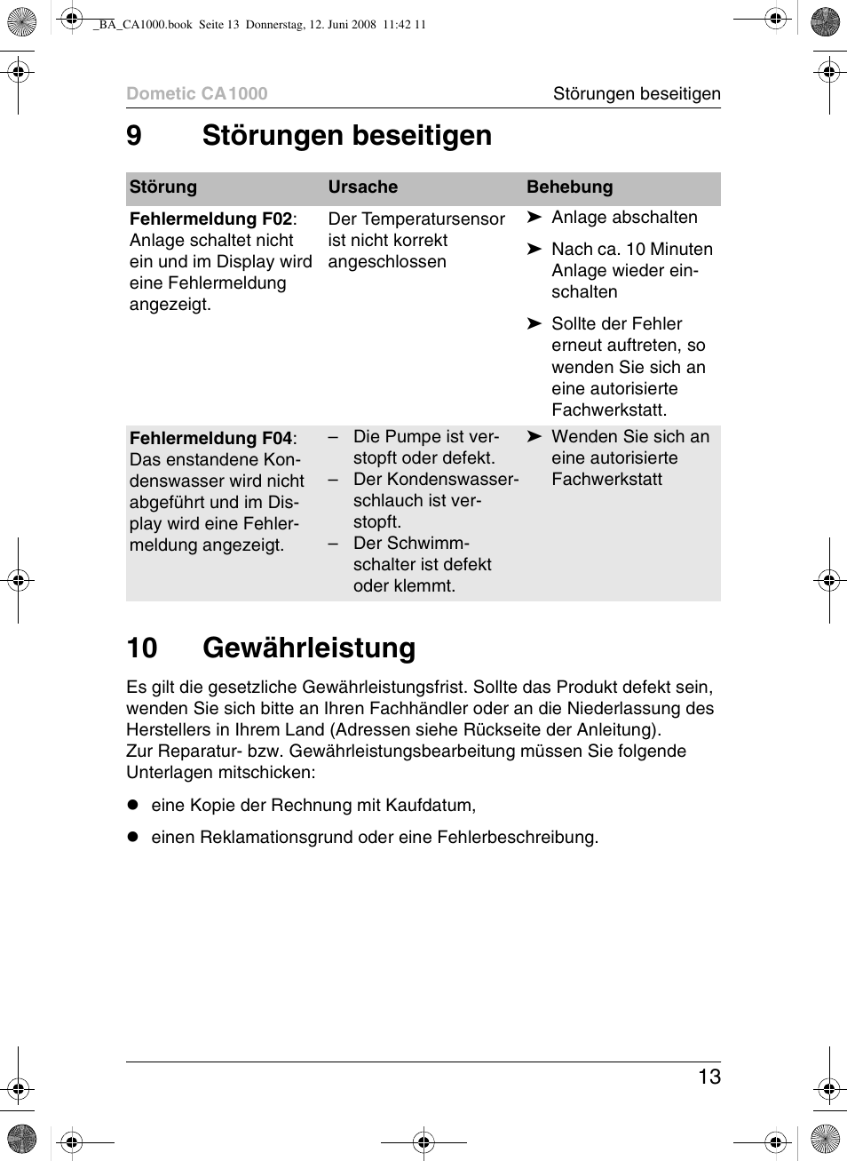 9störungen beseitigen 10 gewährleistung | Dometic CA1000 User Manual | Page 13 / 124