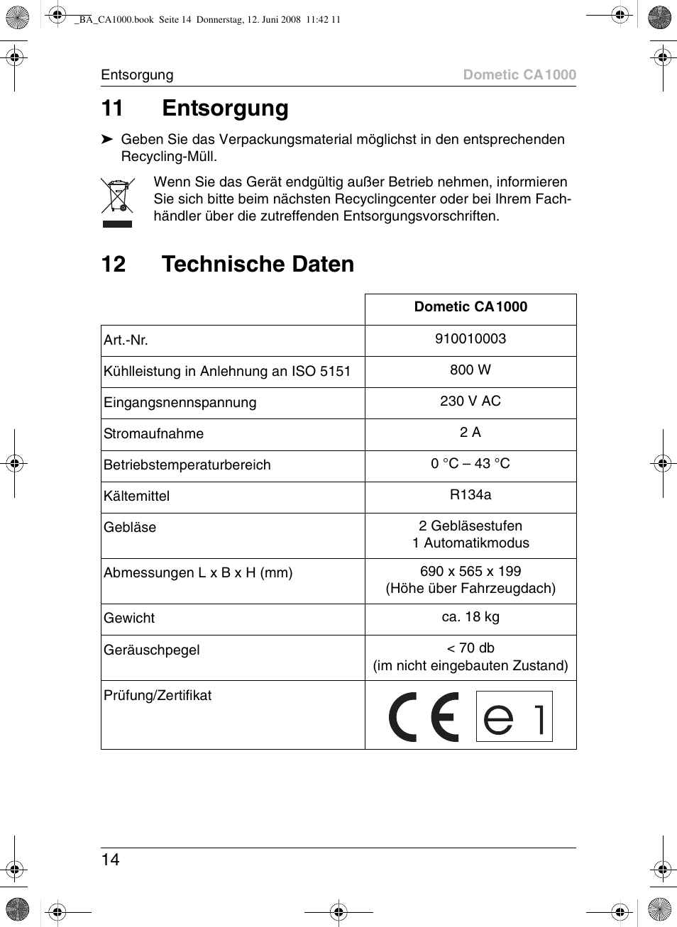 11 entsorgung, 12 technische daten | Dometic CA1000 User Manual | Page 14 / 124