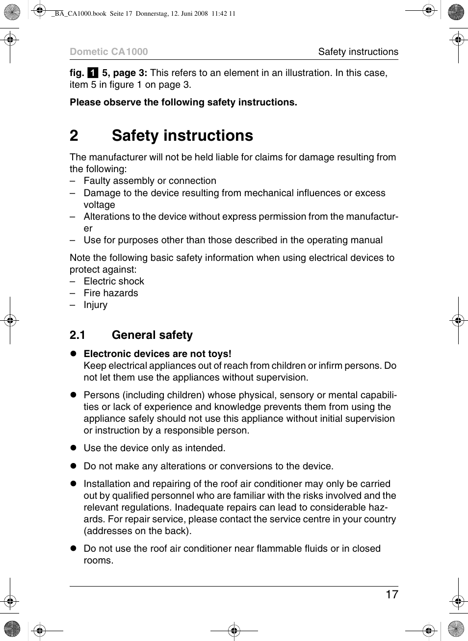 2safety instructions, 1 general safety | Dometic CA1000 User Manual | Page 17 / 124