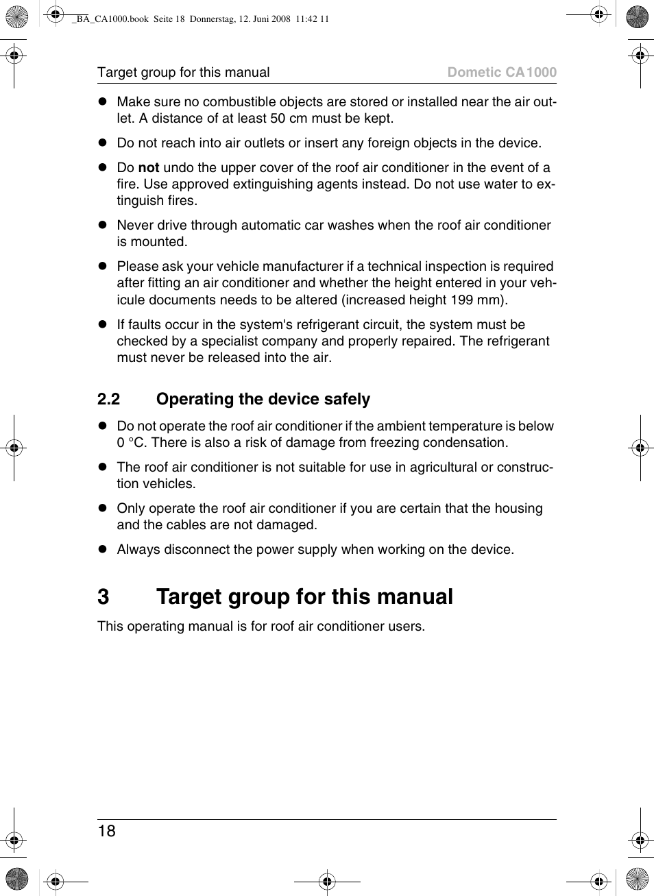 3target group for this manual, 2 operating the device safely | Dometic CA1000 User Manual | Page 18 / 124