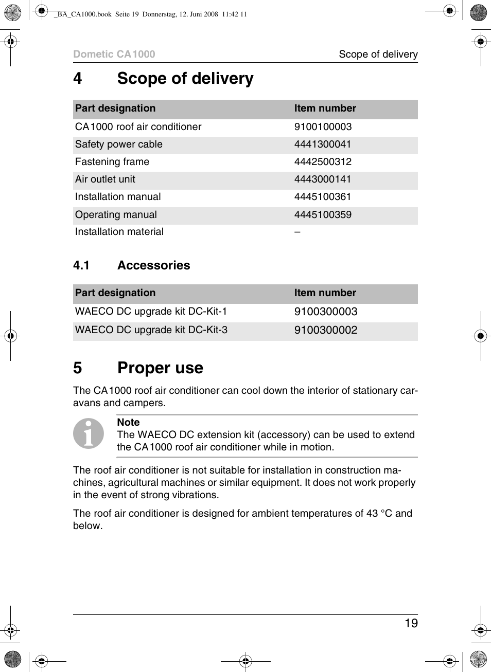 4scope of delivery, 5proper use | Dometic CA1000 User Manual | Page 19 / 124