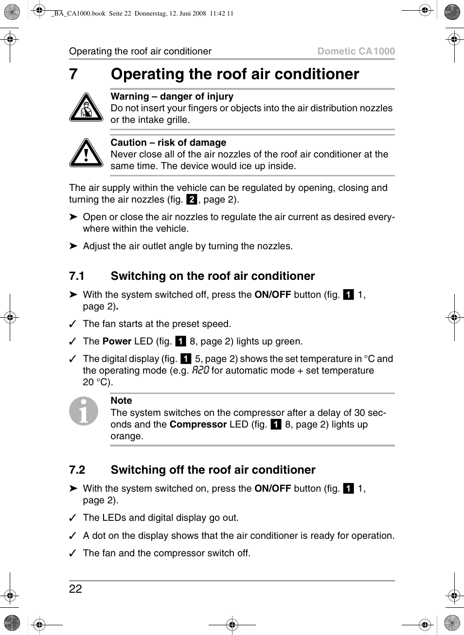 7operating the roof air conditioner | Dometic CA1000 User Manual | Page 22 / 124