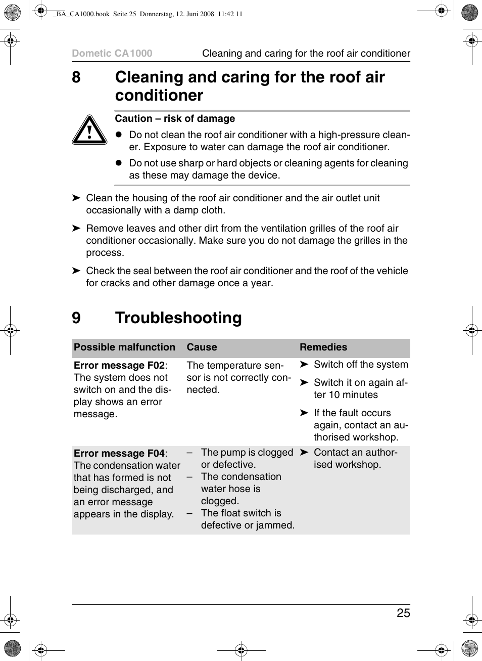 8cleaning and caring for the roof air conditioner, 9troubleshooting | Dometic CA1000 User Manual | Page 25 / 124