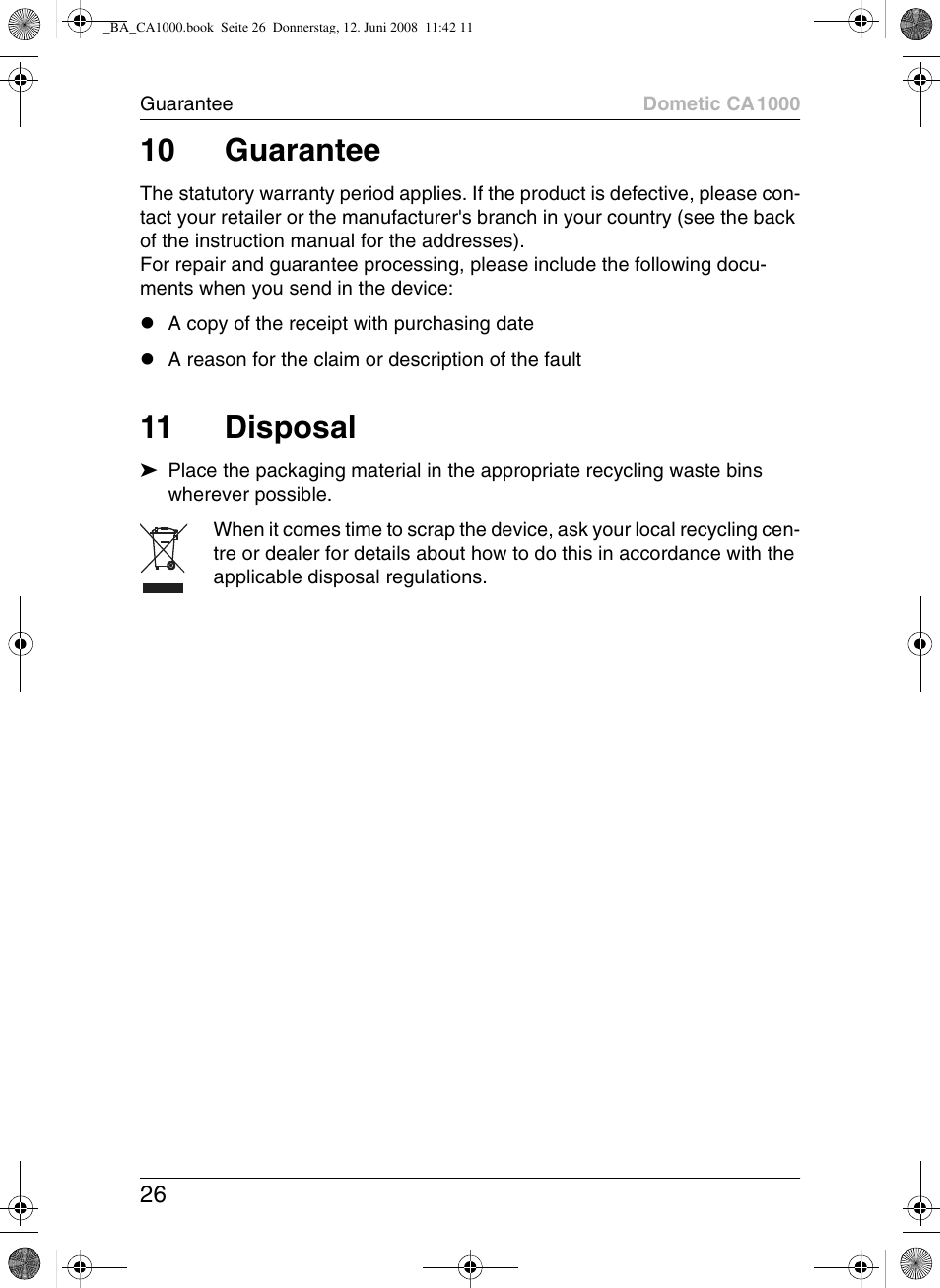 10 guarantee, 11 disposal | Dometic CA1000 User Manual | Page 26 / 124