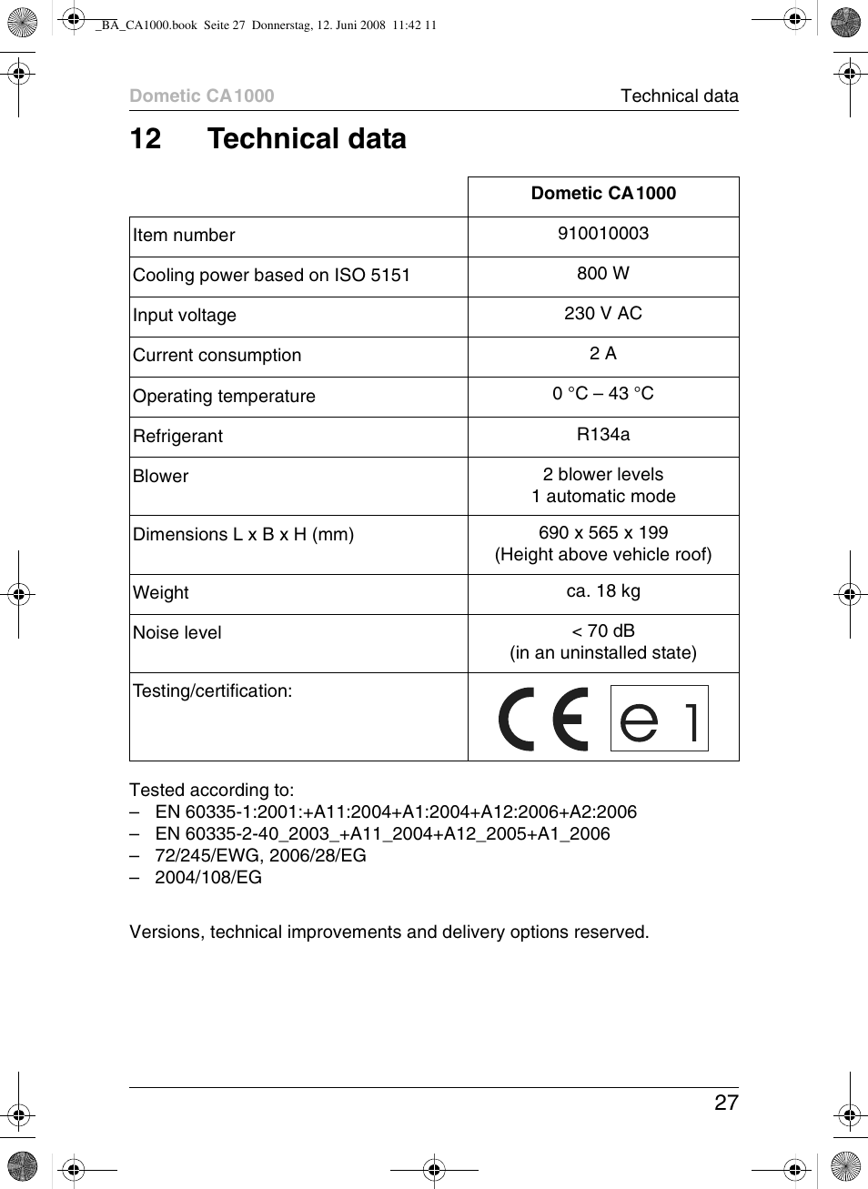 12 technical data | Dometic CA1000 User Manual | Page 27 / 124