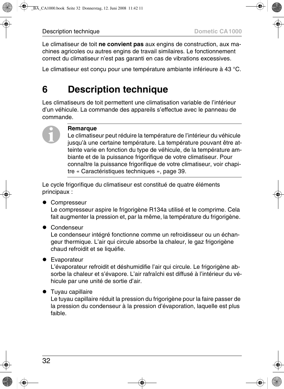 6description technique | Dometic CA1000 User Manual | Page 32 / 124