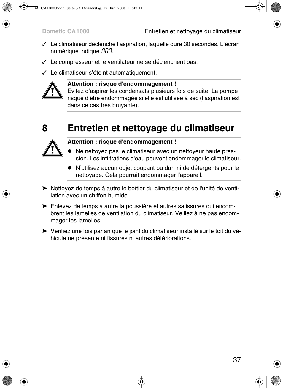 8entretien et nettoyage du climatiseur | Dometic CA1000 User Manual | Page 37 / 124