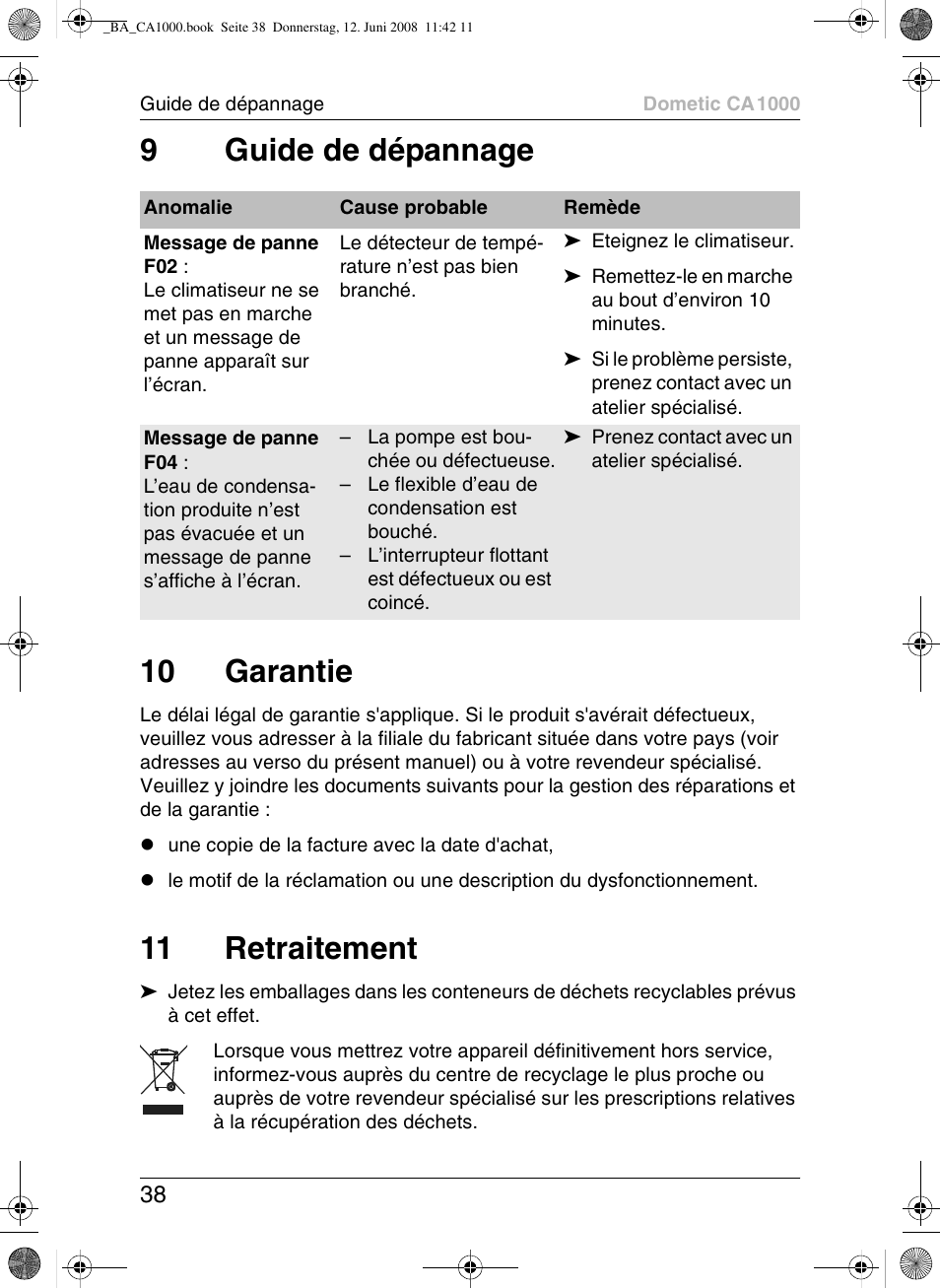 9guide de dépannage 10 garantie, 11 retraitement | Dometic CA1000 User Manual | Page 38 / 124