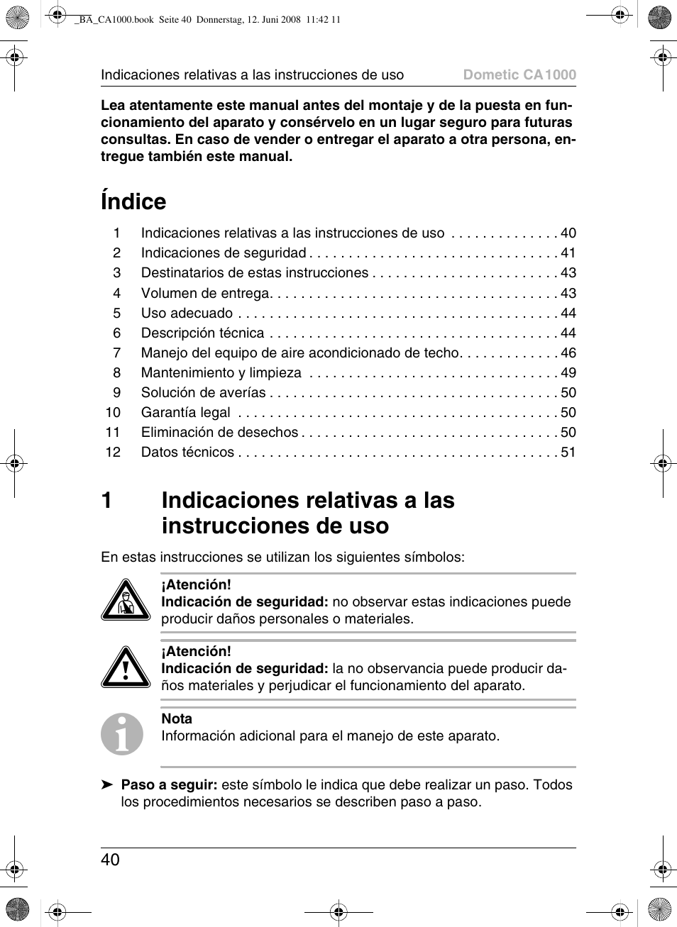 Índice, 1indicaciones relativas a las instrucciones de uso | Dometic CA1000 User Manual | Page 40 / 124