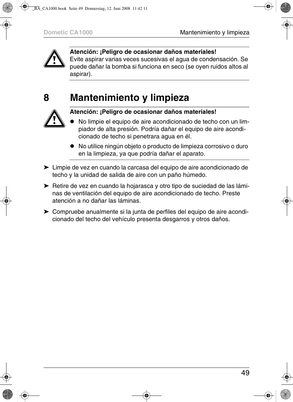 8mantenimiento y limpieza | Dometic CA1000 User Manual | Page 49 / 124