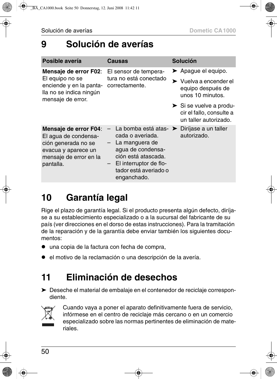 9solución de averías 10 garantía legal, 11 eliminación de desechos | Dometic CA1000 User Manual | Page 50 / 124