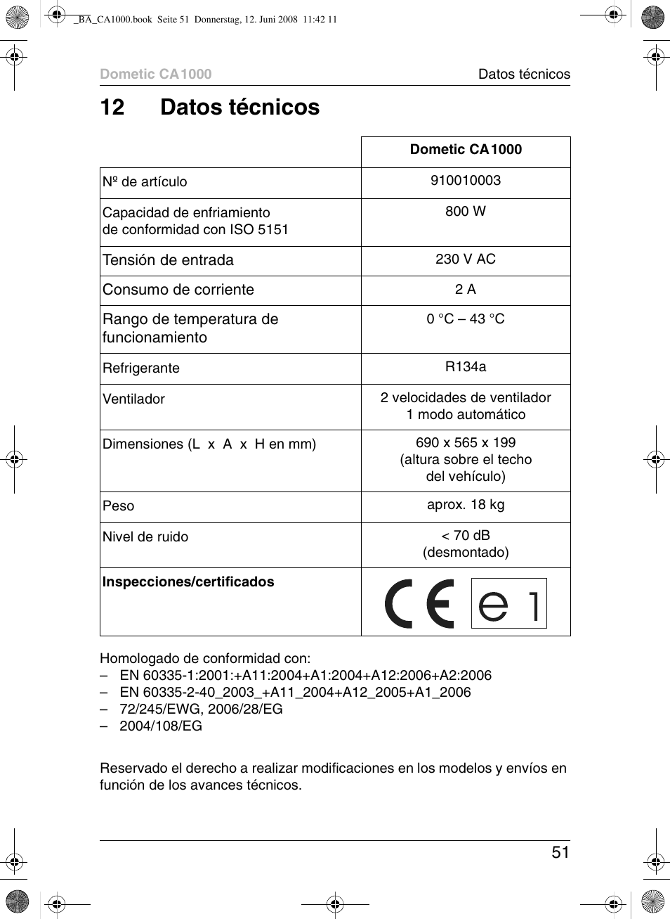 12 datos técnicos | Dometic CA1000 User Manual | Page 51 / 124