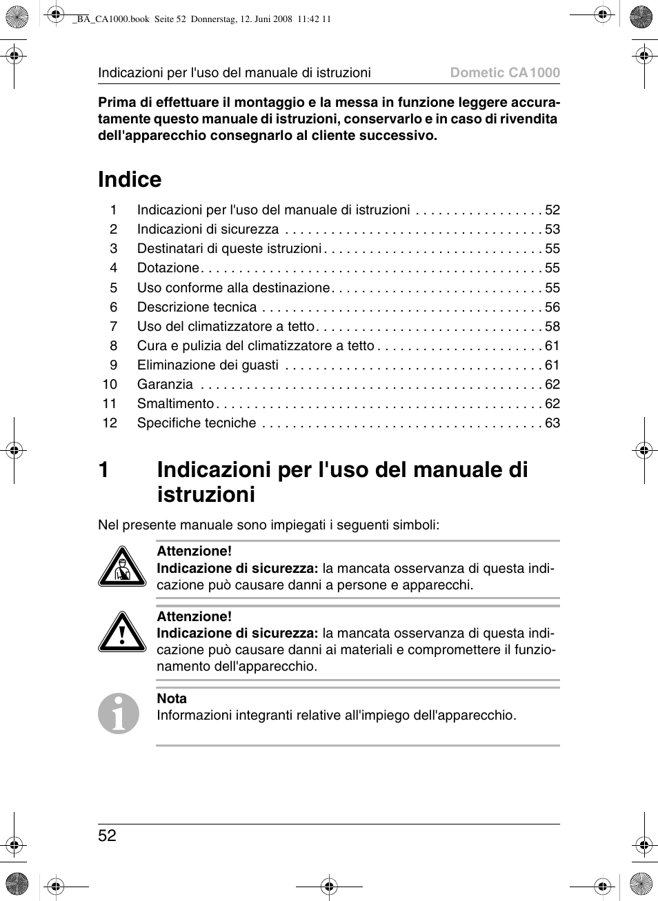 Indice, 1indicazioni per l'uso del manuale di istruzioni | Dometic CA1000 User Manual | Page 52 / 124