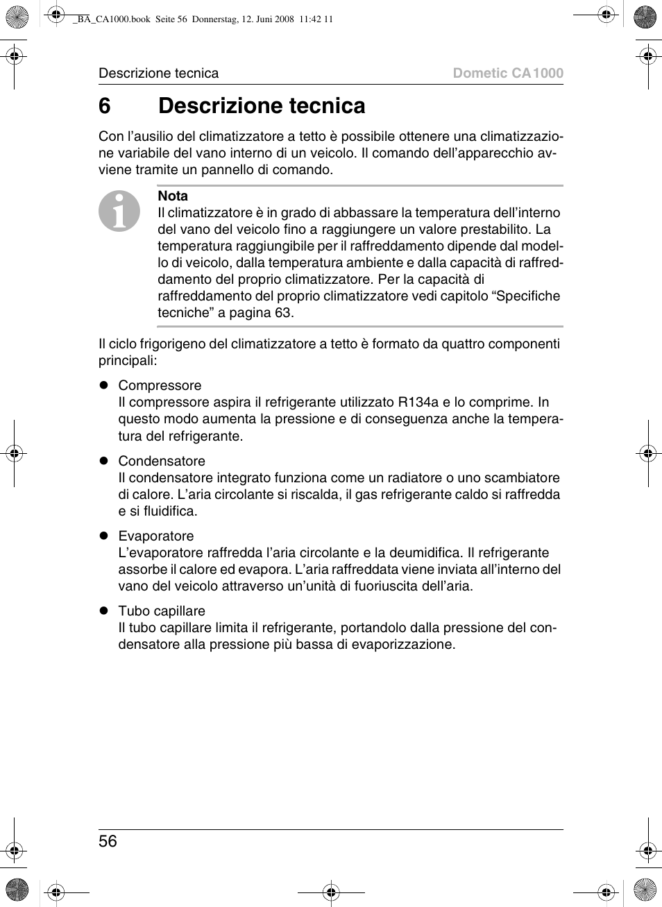 6descrizione tecnica | Dometic CA1000 User Manual | Page 56 / 124