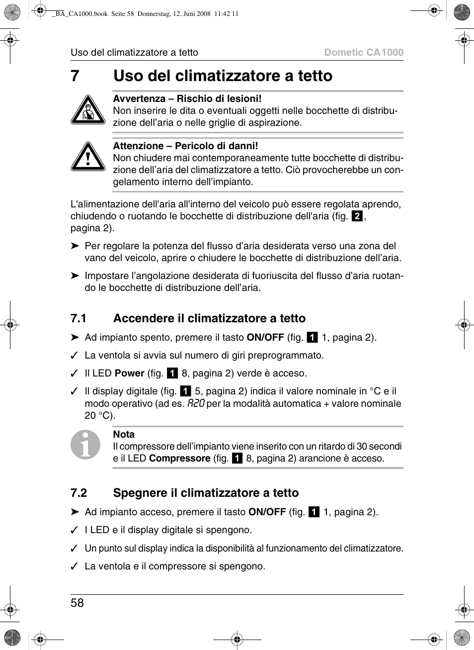 7uso del climatizzatore a tetto | Dometic CA1000 User Manual | Page 58 / 124