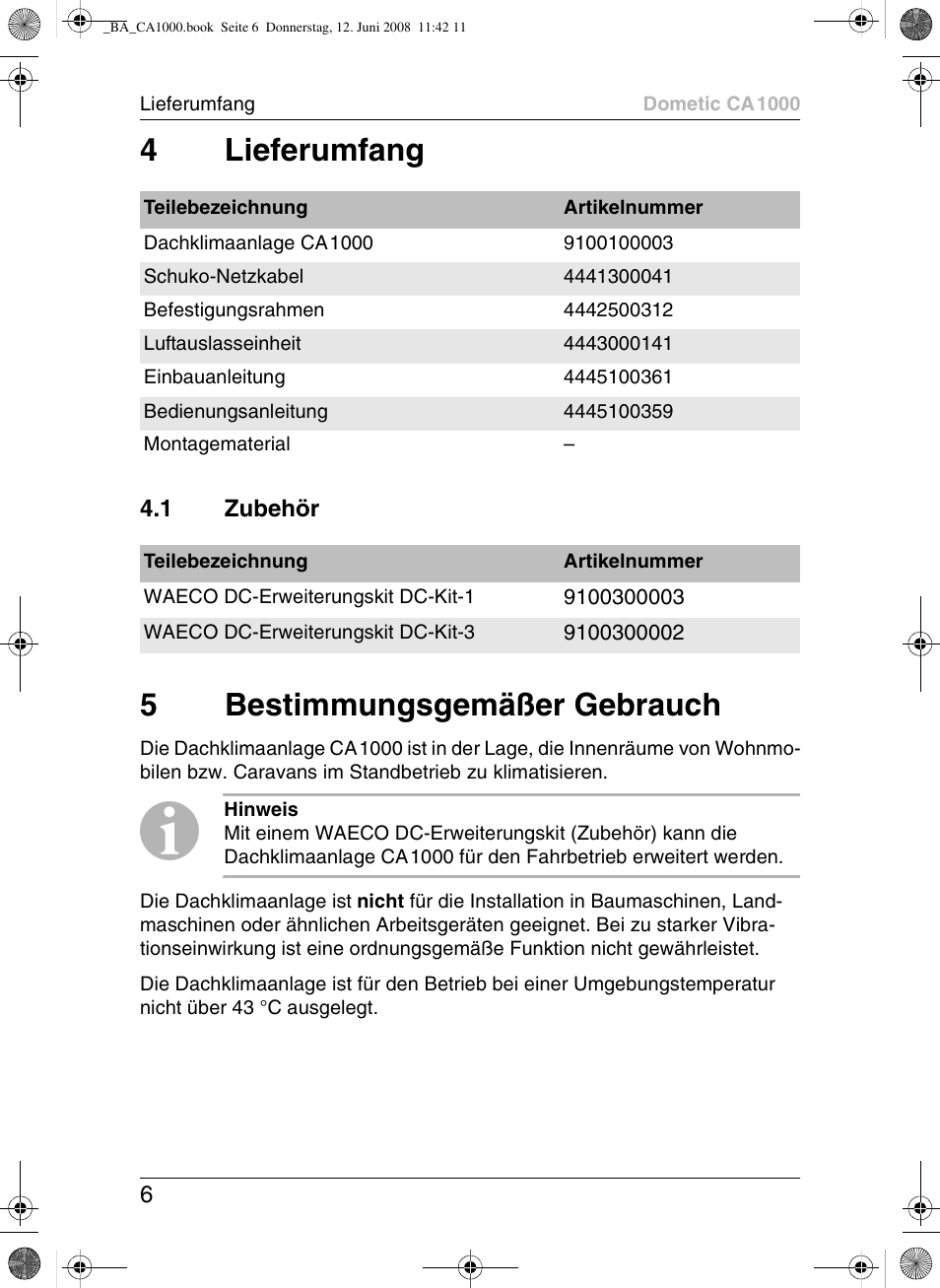 4lieferumfang, 5bestimmungsgemäßer gebrauch | Dometic CA1000 User Manual | Page 6 / 124