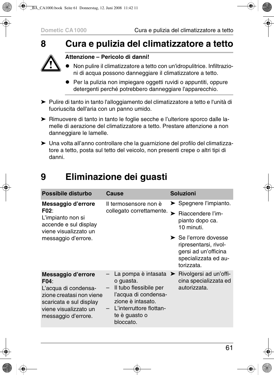 8cura e pulizia del climatizzatore a tetto, 9eliminazione dei guasti | Dometic CA1000 User Manual | Page 61 / 124