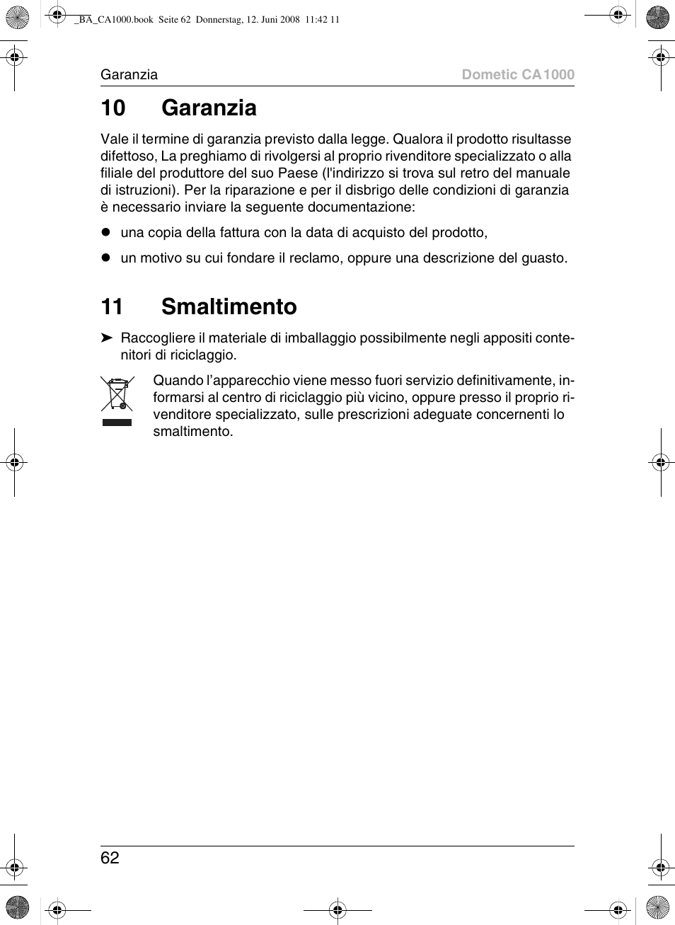 10 garanzia, 11 smaltimento | Dometic CA1000 User Manual | Page 62 / 124