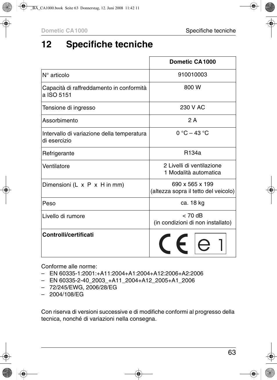 12 specifiche tecniche | Dometic CA1000 User Manual | Page 63 / 124