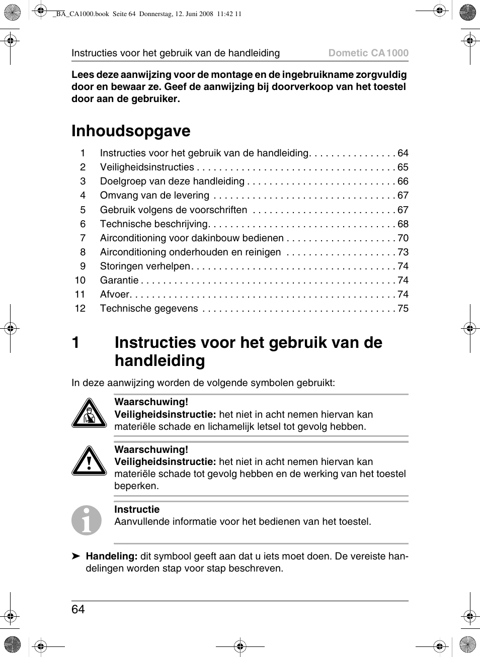 Inhoudsopgave, 1instructies voor het gebruik van de handleiding | Dometic CA1000 User Manual | Page 64 / 124