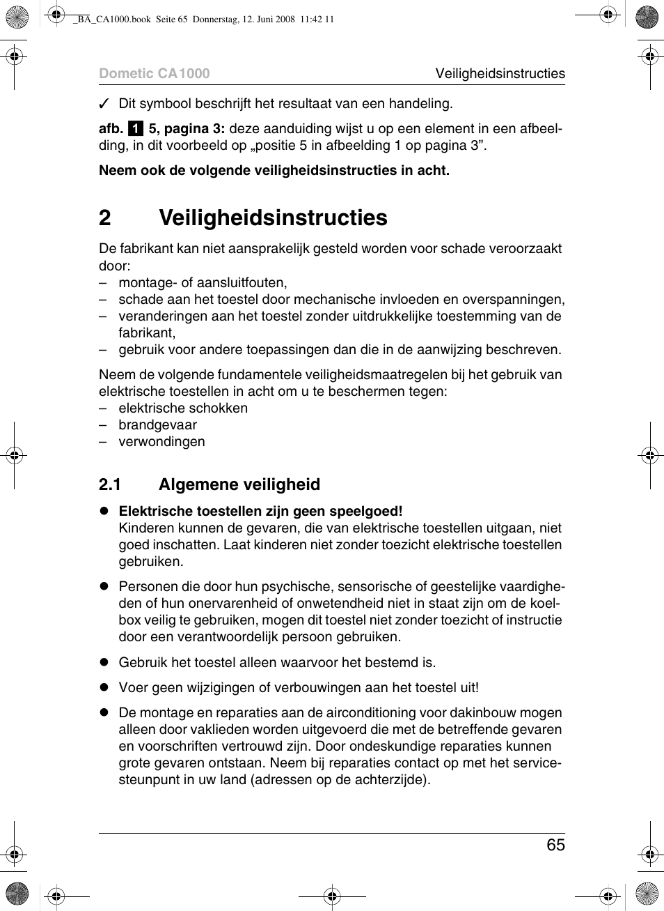 2veiligheidsinstructies, 1 algemene veiligheid | Dometic CA1000 User Manual | Page 65 / 124