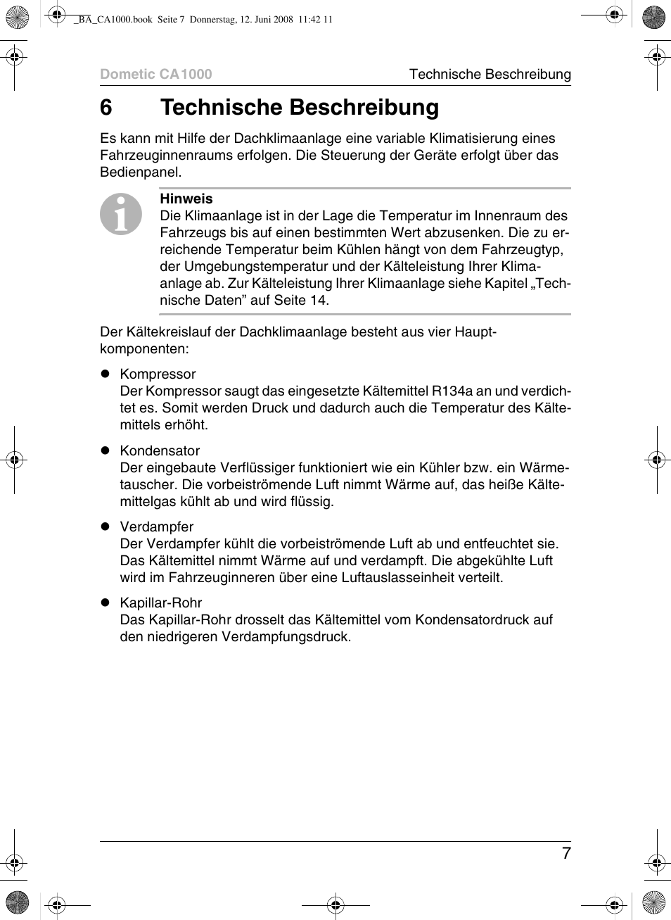 6technische beschreibung | Dometic CA1000 User Manual | Page 7 / 124