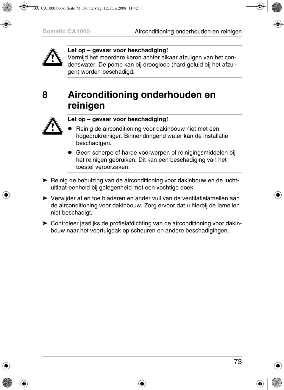 8airconditioning onderhouden en reinigen | Dometic CA1000 User Manual | Page 73 / 124