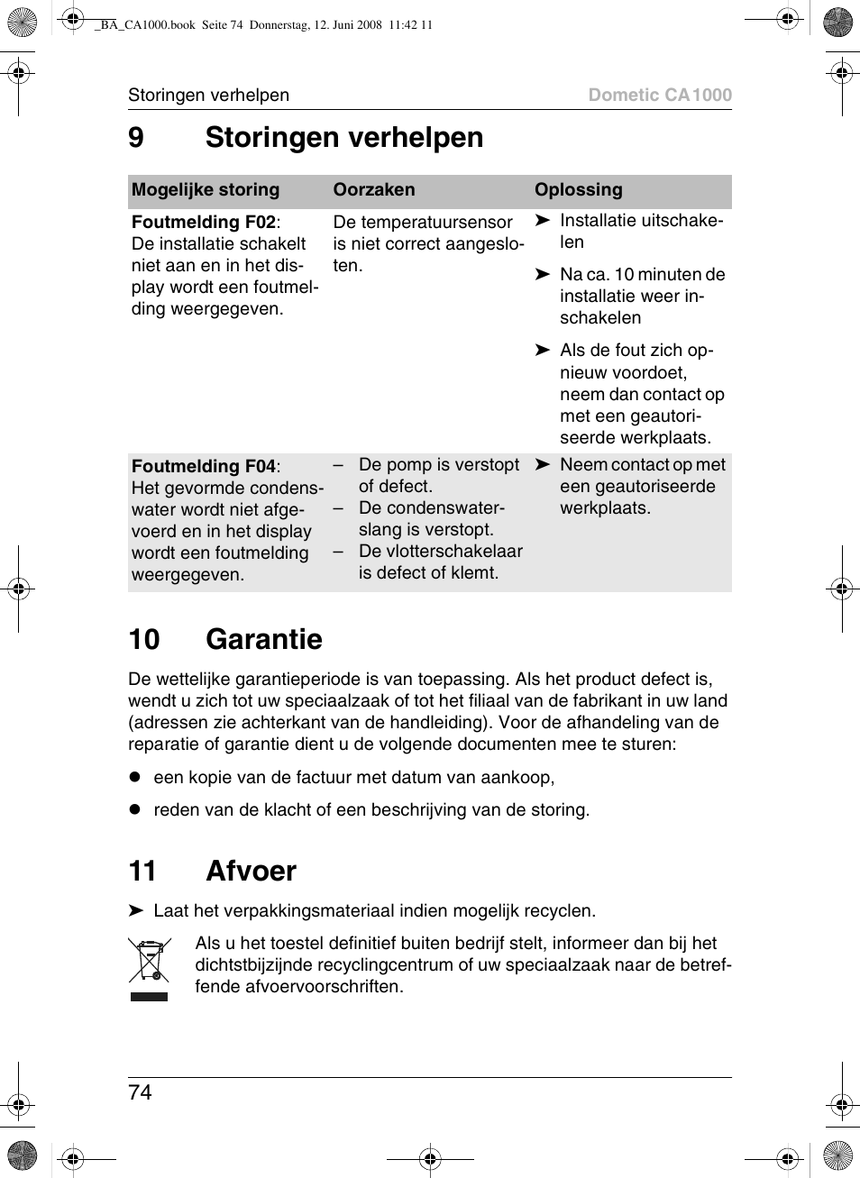 9storingen verhelpen 10 garantie, 11 afvoer | Dometic CA1000 User Manual | Page 74 / 124