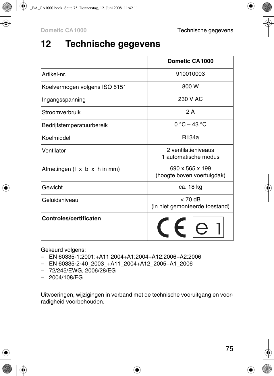 12 technische gegevens | Dometic CA1000 User Manual | Page 75 / 124