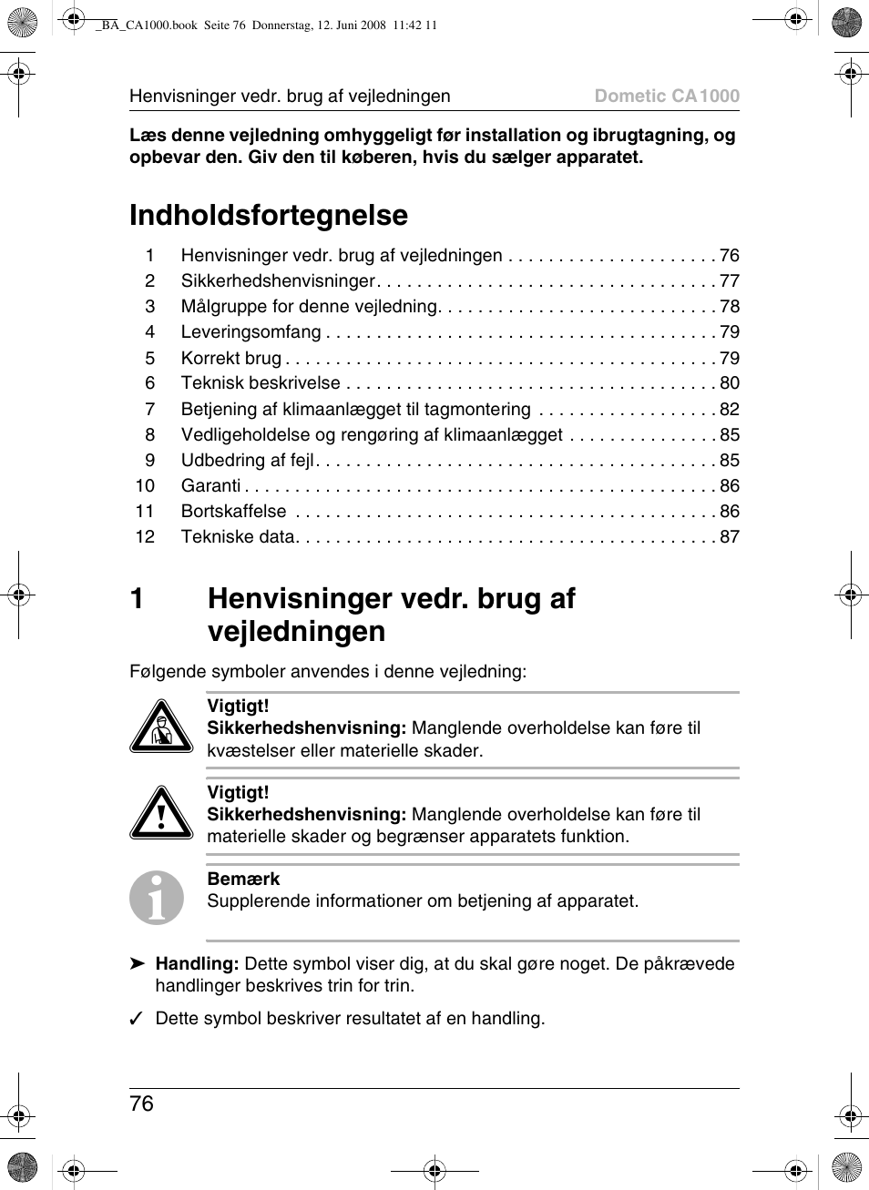 Indholdsfortegnelse, 1henvisninger vedr. brug af vejledningen | Dometic CA1000 User Manual | Page 76 / 124