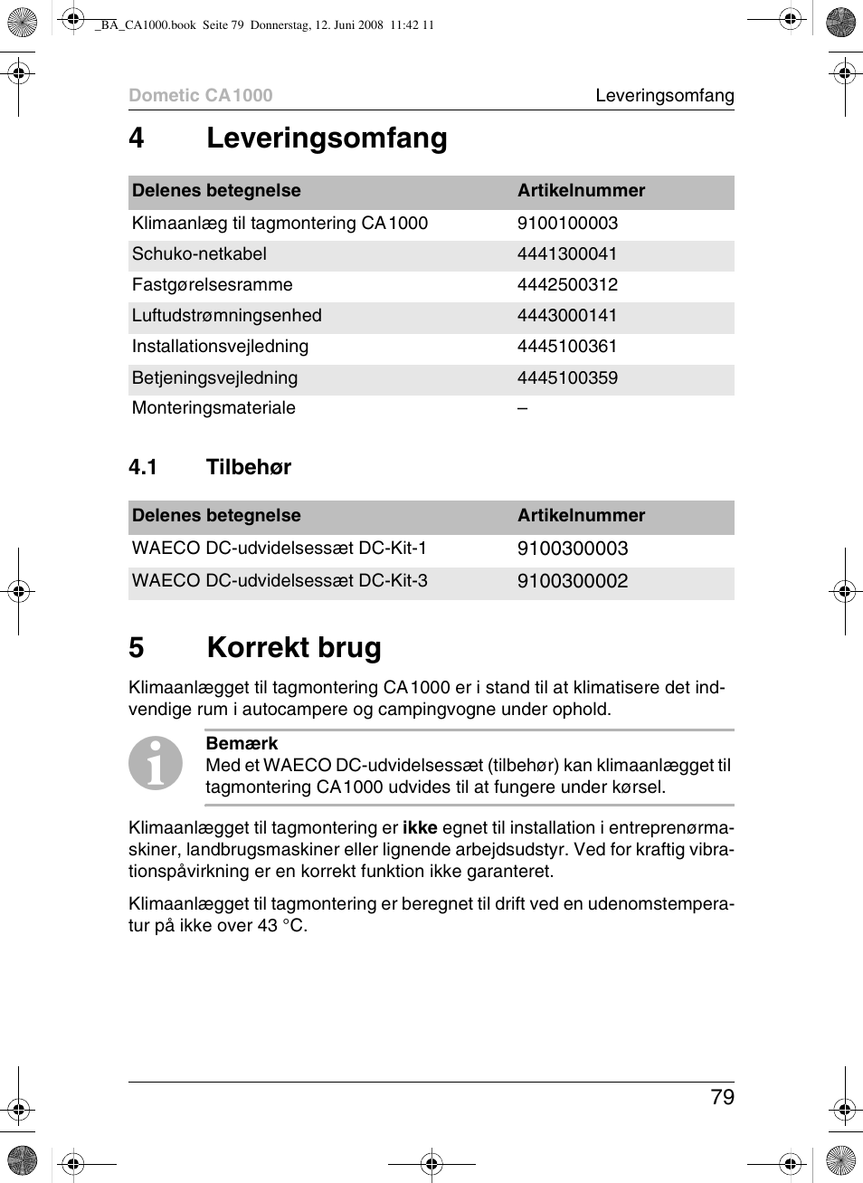 4leveringsomfang, 5korrekt brug | Dometic CA1000 User Manual | Page 79 / 124