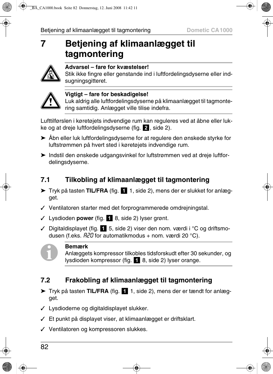 7betjening af klimaanlægget til tagmontering | Dometic CA1000 User Manual | Page 82 / 124