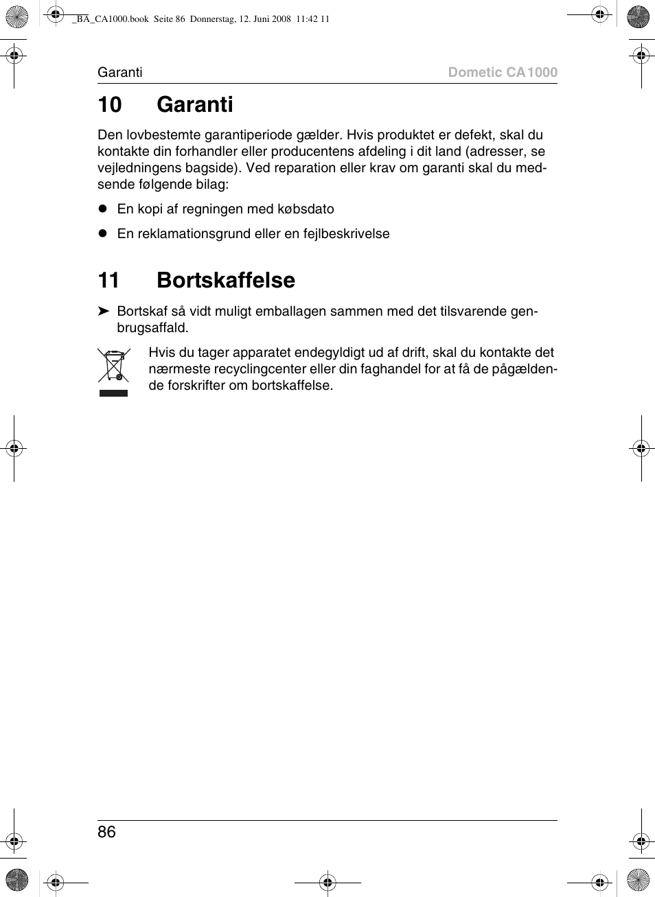 10 garanti, 11 bortskaffelse | Dometic CA1000 User Manual | Page 86 / 124