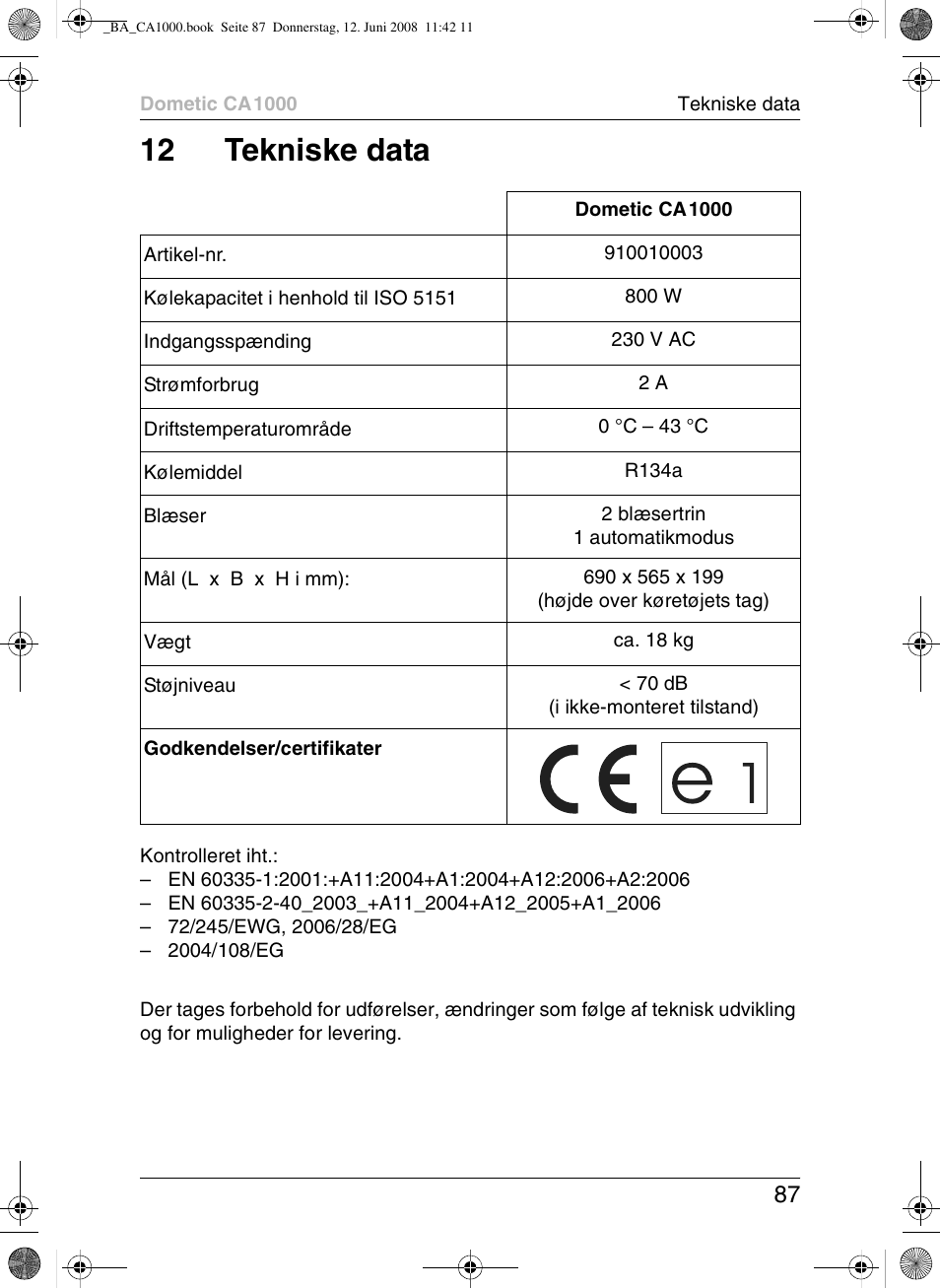 12 tekniske data | Dometic CA1000 User Manual | Page 87 / 124