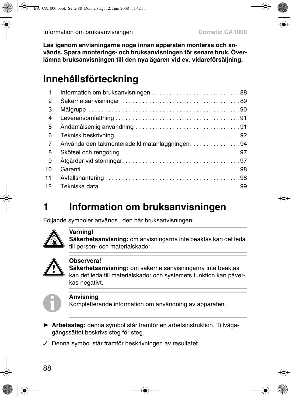 Innehållsförteckning, 1information om bruksanvisningen | Dometic CA1000 User Manual | Page 88 / 124