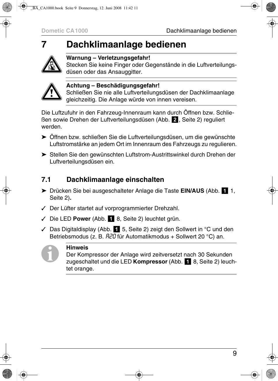 7dachklimaanlage bedienen | Dometic CA1000 User Manual | Page 9 / 124