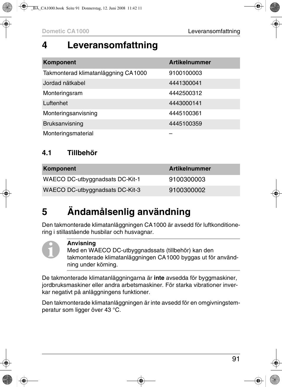 4leveransomfattning, 5ändamålsenlig användning | Dometic CA1000 User Manual | Page 91 / 124