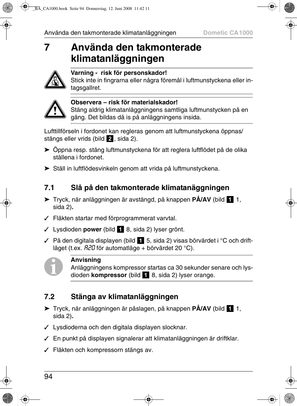 7använda den takmonterade klimatanläggningen | Dometic CA1000 User Manual | Page 94 / 124