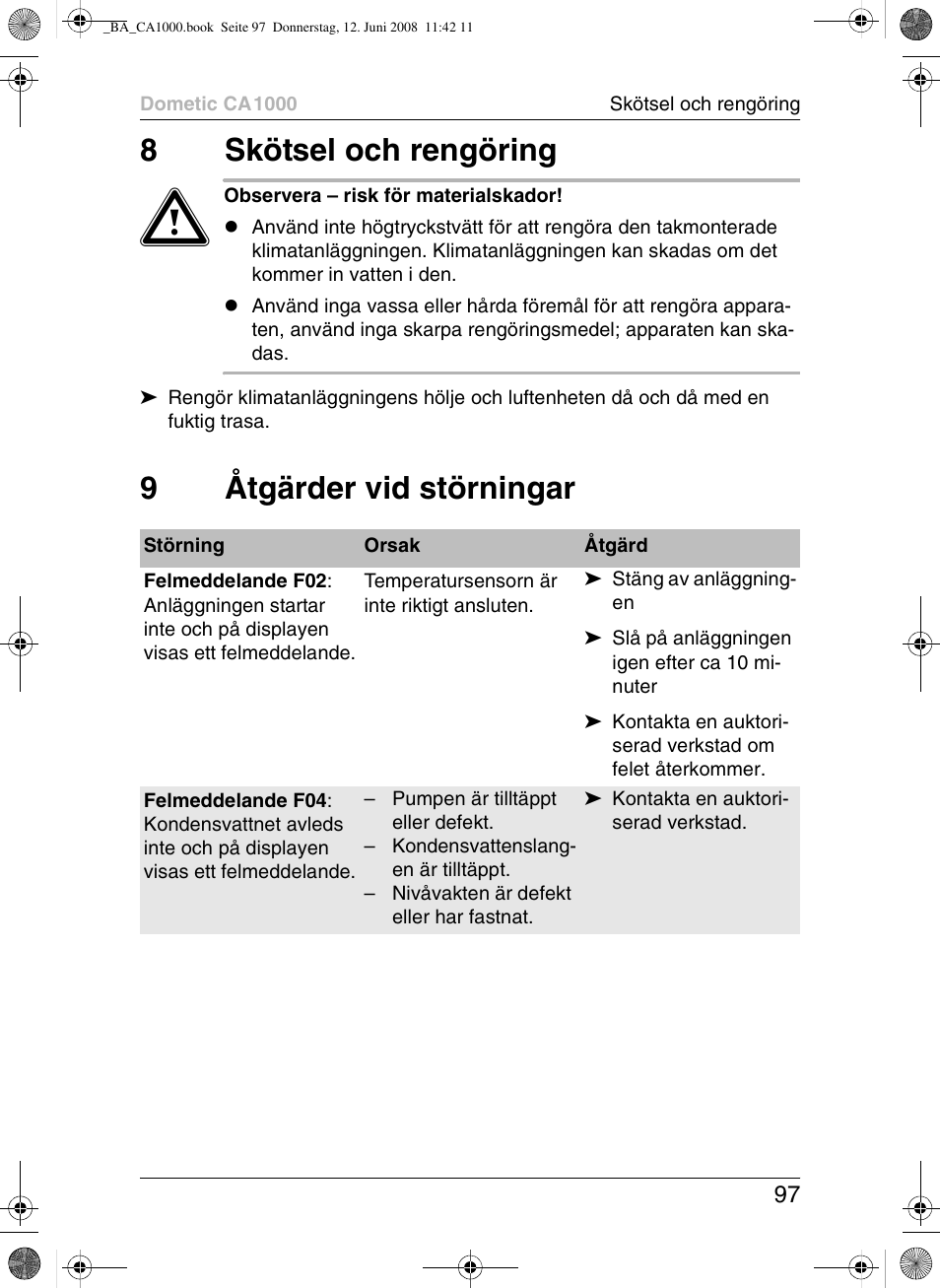 8skötsel och rengöring, 9åtgärder vid störningar | Dometic CA1000 User Manual | Page 97 / 124