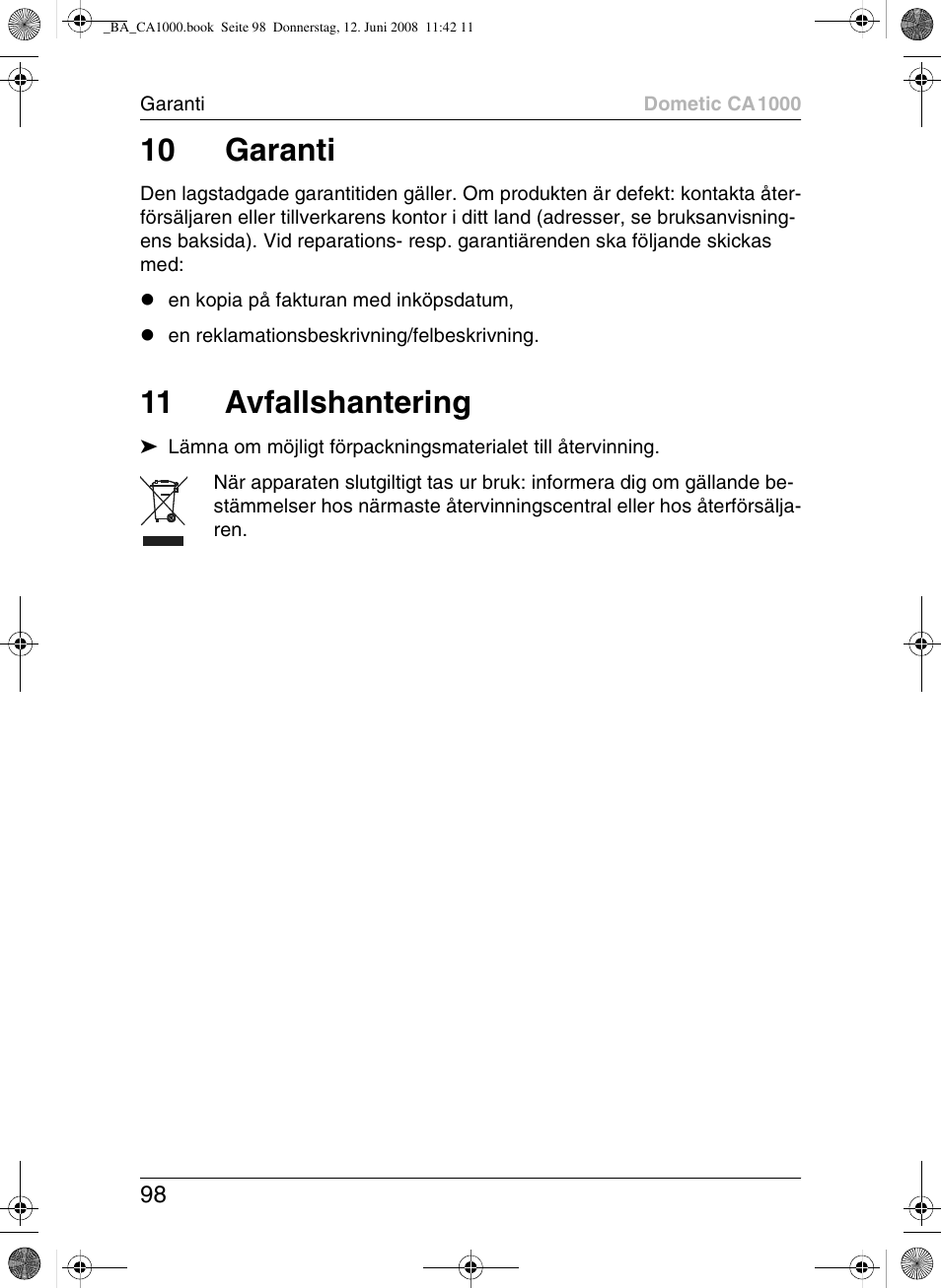 10 garanti, 11 avfallshantering | Dometic CA1000 User Manual | Page 98 / 124