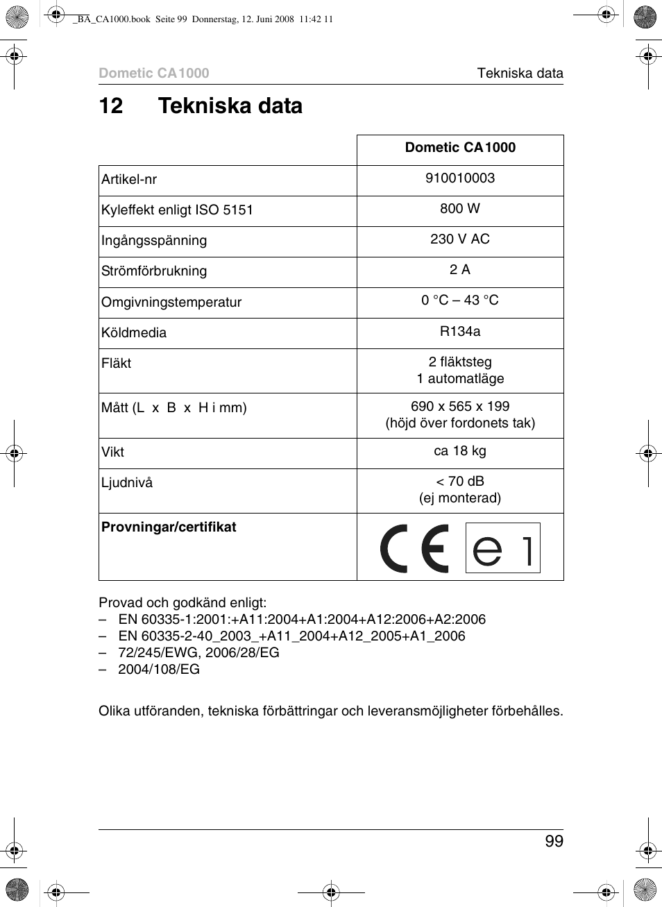 12 tekniska data | Dometic CA1000 User Manual | Page 99 / 124