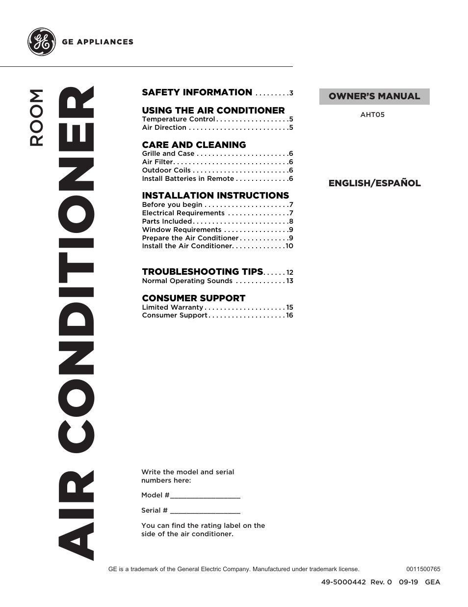 GE 5,000 BTU Window Air Conditioner Owners Guide User Manual | 32 pages