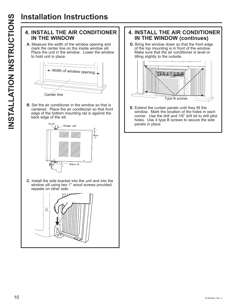 Installation instructions, Inst alla tion instructions, Install the air conditioner in the window | GE 5,000 BTU Window Air Conditioner Owners Guide User Manual | Page 10 / 32
